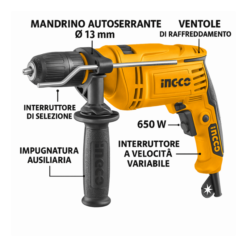 Trapano a percussione 650 Watt velocità variabile funzione martello - immagine 2