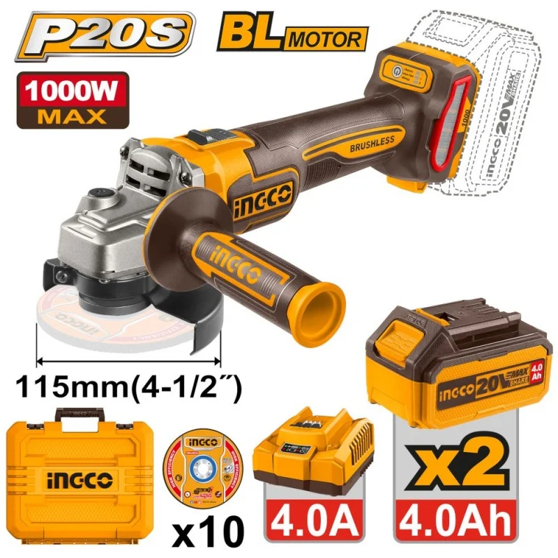 Smerigliatrice Brushless 1000W D115mm con 2 Batterie 4Ah e dischi
